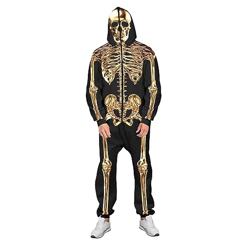 Halloween-Skelett-Kostüm für Erwachsene, Knochen-Druck, mit Kapuze, langärmelig, Strampler, Cosplay-Kostüm, Einteiler, Homewear (Gold, S) von CocMouse