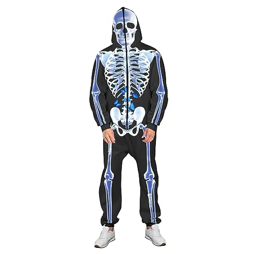 Halloween-Skelett-Kostüm für Erwachsene, Knochen-Druck, mit Kapuze, langärmelig, Strampler, Cosplay-Kostüm, einteilig, Homewear (Blau, M) von CocMouse