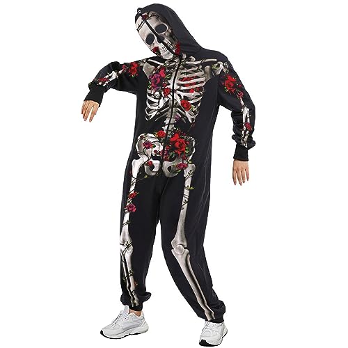 Halloween-Skelett-Kostüm für Erwachsene, Knochen-Druck, mit Kapuze, langärmelig, Strampler, Cosplay-Kostüm, einteilig, Homewear (Rot, M) von CocMouse