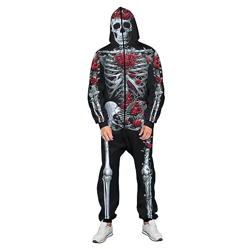 Halloween-Skelett-Kostüm für Erwachsene, Knochen-Druck, mit Kapuze, langärmelig, Strampler, Cosplay-Kostüm, einteilig, Homewear (Rot 2, L) von CocMouse