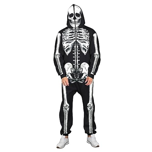 Halloween-Skelett-Kostüm für Erwachsene, Knochen-Druck, mit Kapuze, langärmelig, Strampler, Cosplay-Kostüm, einteilig, Homewear (Weiß, M) von CocMouse