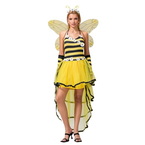 Hummel-Kostüme, Cosplay-Kostüm-Set, Halloween, Bienenkleid mit Flügeln, Stirnband, Armärmel-Set, Neuheit, Partykleidung (B-Gelb, S) von CocMouse