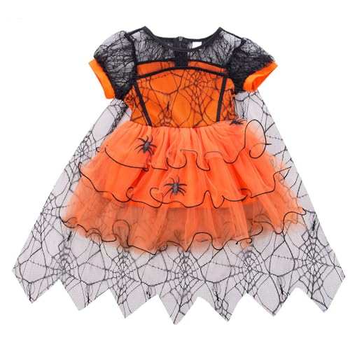 Kleinkind Baby Mädchen Halloween Hexen Kostüme Kurzarm Spinne Spitze Tutu Tüll Kleid Fancy Party Cosplay Outfit (B-Orange, 4-5 Jahre) von CocMouse