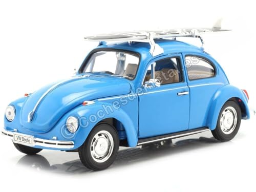 Kompatibel mit 1959 Volkswagen VW Kafer mit Surfbrett Blau 1:24 Welly 22436 von Cochesdemetal