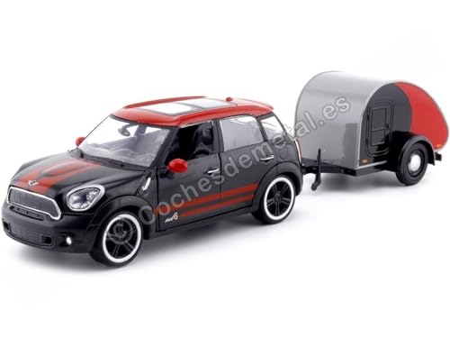 Kompatibel mit 2017 Mini Cooper S Countryman mit Anhänger Camper Black/Red 1:24 Motor MAX 79762 von Cochesdemetal