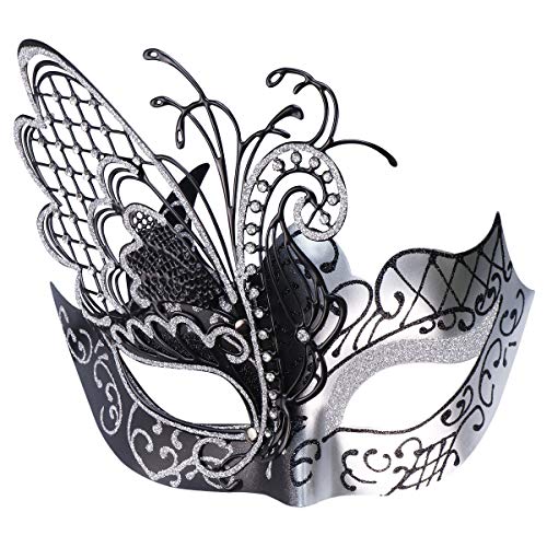 Coddsmz Geheimnisvolle venezianische Schmetterlings-Maske für Damen, Halloween-Party, Schwarz und Silber von Coddsmz