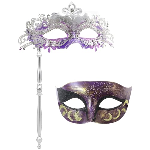 Coddsmz Maskerade Maske für Frauen am Stock Venezianische Masken Kostüm Party Masken Karneval Maske Weihnachten Halloween 56651A1935 Violett/Silberfarben von Coddsmz