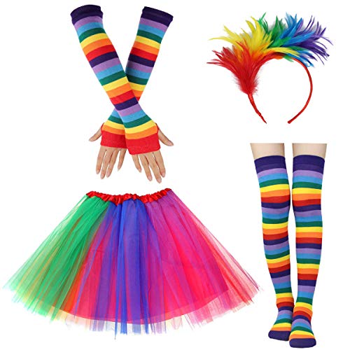 Damen Regenbogen Lange Handschuhe Socken Tüll Tutu Rock Fascinator Federn Stirnband 1980er Jahre Fancy Party Zubehör Set (Farbe 2) von Coddsmz