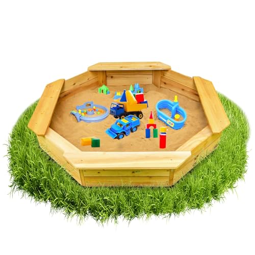 6-eckiger Sandkasten Sally Holz Braun inkl schwarzer Bodenplane 125x125x20 cm Sandkiste 4 Sitzbretter von Coemo