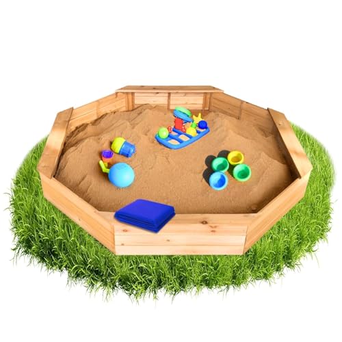 Coemo 8-eckiger Sandkasten Larry L Holz Braun inkl Blaue Abdeckplane, Schwarze Bodenplane 160x160x23 cm Sandkiste 4 Sitzbretter, Buddelkasten für Garten und Terrasse von Coemo