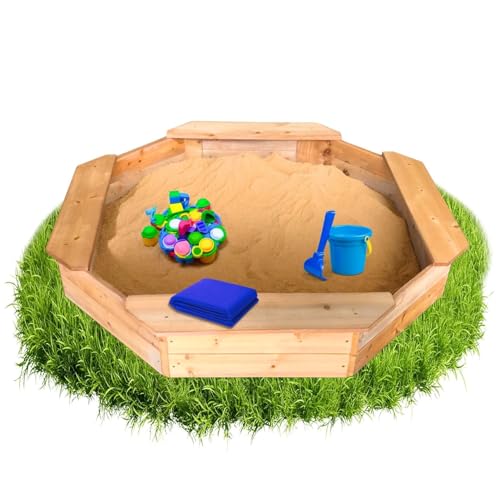 Coemo 8-eckiger Sandkasten Larry M Holz Braun inkl Blaue Abdeckplane, Schwarze Bodenplane 125x125x20 cm Sandkiste 4 Sitzbretter & Buddelkasten für Garten und Terrasse von Coemo
