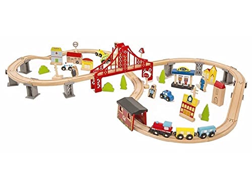 Holzeisenbahn Set 70-teilig inkl. Schienen bunter Holzzug Haus Auto Figuren kompatibel mit Anderen Marken Starter-Set von Coemo