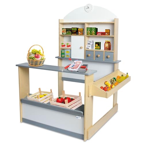 Coemo Kaufladen Kinder Kaufmannsladen Lilly Holz Verkaufsstand mit 3 Schubladen Schrank Uhr Theke Seitentheke (Grau) von Coemo