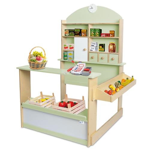 Coemo Kaufladen Kinder Kaufmannsladen Lilly Holz Verkaufsstand mit 3 Schubladen Schrank Uhr Theke Seitentheke (Mintgrün) von Coemo