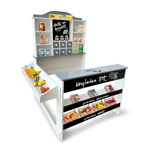 Coemo Kaufladen Pit aus Holz mit Preisschildern, wahlweise mit Spielkasse Linus, Kaufladen-Zubehör:ohne Kassen-Zubehör, Farbe:Grau von Coemo