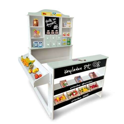 Coemo Kaufladen Pit aus Holz mit Preisschildern, wahlweise mit Spielkasse Linus, Kaufladen-Zubehör:ohne Kassen-Zubehör, Farbe:Grün von Coemo