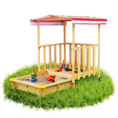 Kinder Spielhaus mit Sandkasten aus Holz mit Überdachung Sandkiste mit Veranda Gartenhaus mit Sonnenschutz Farbe Braun ca. 116x113x137 cm von Coemo