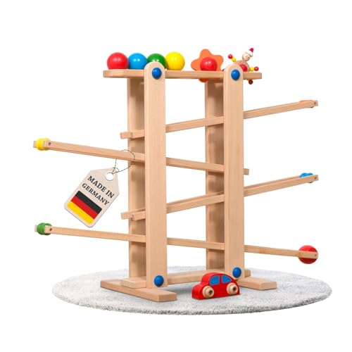Stabile Kugelbahn L aus Holz Natur, 7 niedliche Mobile wie Auto, Blume, Kasper, Kugel, große Murmelbahn für Kinder, Rennbahn für Baby und Kleinkind, Motorikspielzeug von Coemo