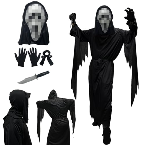 halloween scream costume,screaming ghost costume,Erwachsene und Kinderschwarz scream kostüm,geist scream mask,Halloween Party Ganzkörperkostüm mit Scream Mask und Handschuhe und Messer (B-XL) von Coffee Life Plus