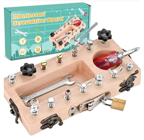 Cofvetia Werkzeugkoffer Kinder Spielzeug ab 3 4 5 Jahre, Montessori Busy Board Spielzeug, Holz Schraubbrett Kinderspielzeug mit Zubehör, Geschenke für Jungen und Mädchen von Cofvetia
