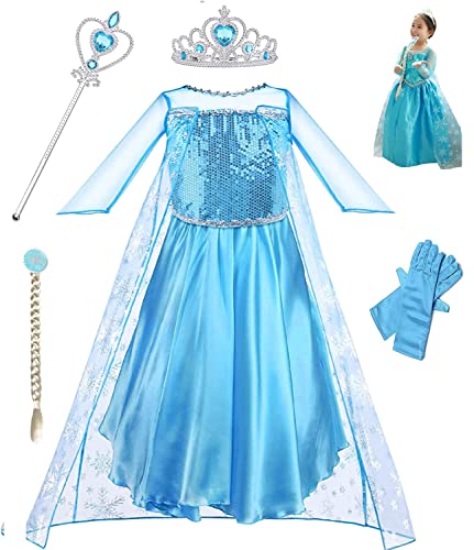 Cogio ELSA Kostüm für Mädchen, Prinzessin verkleiden, Abschlussball, Karneval, Party, 5-teiliges Set, Kleid, Krone, Zepter, Handschuhe, Zopf, 130 von Cogio