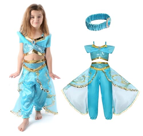 Jasmin Kostüm, Prinzessin, Alladin, Hose + Bluse+Stirnband, Halloween, Karneval, Cosplay, für Kinder, 140 von Cogio