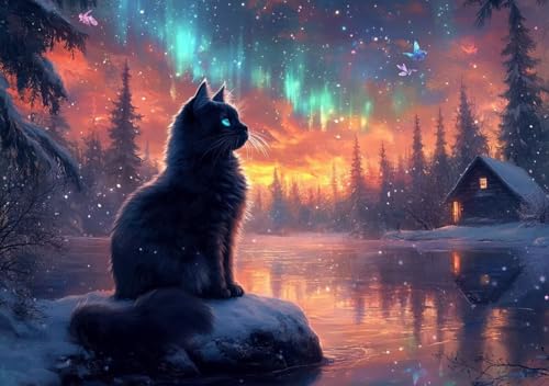 Puzzle 1500 Teile Erwachsene Klassische Puzzle Katze unter dem Nordlicht, ProblemlöSungsfäHigkeiten Zu Verbessern, FöRdert Konzentration und Geduld, Erwachsene und Kinder Ab 14 Jahren 87x57 cm Q-0 von Cohnpjng