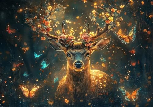 Puzzle 300 Teile Erwachsene Klassische Puzzle Hirsche und Blumen, Um Die ProblemlöSungsfäHigkeiten Zu Verbessern, FöRdert Konzentration und Geduld, Erwachsene und Kinder Ab 14 Jahren 52x38 cm S-6 von Cohnpjng