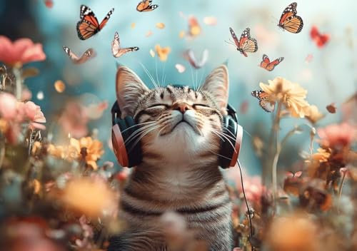 Puzzle 50 Teile Erwachsene Klassische Puzzle Katze hört Musik Perfekt Um Die ProblemlöSungsfäHigkeiten Zu Verbessern, FöRdert Konzentration und Geduld, Erwachsene und Kinder Ab 14 Jahren 15x10 cm R-6 von Cohnpjng
