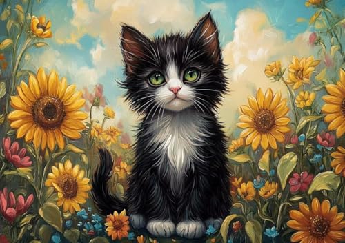 Puzzle 50 Teile Erwachsene Klassische Puzzle Katze und Sonnenblume, Um Die ProblemlöSungsfäHigkeiten Zu Verbessern, FöRdert Konzentration und Geduld, Erwachsene und Kinder Ab 14 Jahren 15x10 cm V-8 von Cohnpjng