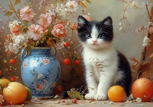 Puzzle 50 Teile Katze und Blumen, Puzzle Erwachsene XXL 15x10cm EIN Herausforderndes RäTsel ImpossiblePuzzle, Puzzlespiele für Die Ganze Familie, Compact Box Mit Poster Geschenke für Frauen D-4 von Cohnpjng