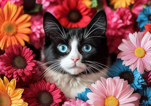 Puzzle 50 Teile Katze und Blumen, Puzzle Erwachsene XXL 15x10cm EIN Herausforderndes RäTsel ImpossiblePuzzle, Puzzlespiele für Die Ganze Familie, Compact Box Mit Poster Geschenke für Frauen G-7 von Cohnpjng
