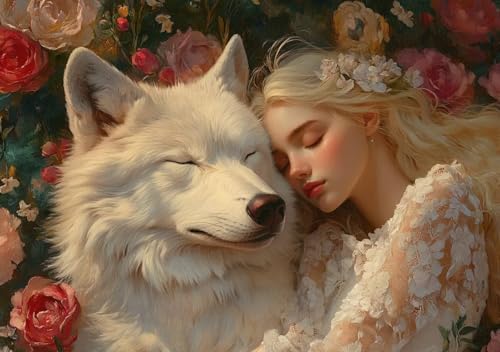 Puzzle 50 Teile Wolf und Frau, Puzzle Erwachsene XXL 15x10 cm EIN Herausforderndes RäTsel ImpossiblePuzzle, Puzzlespiele für Die Ganze Familie, Compact Box Mit Poster Geschenke für Frauen/MäNner U-4 von Cohnpjng