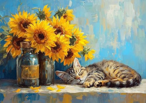 Puzzle 500 Teile Erwachsene Klassische Puzzle Sonnenblume und Katze, Um Die ProblemlöSungsfäHigkeiten Zu Verbessern, FöRdert Konzentration und Geduld, Erwachsene und Kinder Ab 14 Jahren 52x38 cm P-9 von Cohnpjng