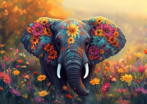 Puzzle 80 Teile Blumen und Elefanten, Puzzle Erwachsene XXL 15x10cm EIN Herausforderndes RäTsel ImpossiblePuzzle, Puzzlespiele für Die Ganze Familie, Compact Box Mit Poster Geschenke für Frauen K-4 von Cohnpjng