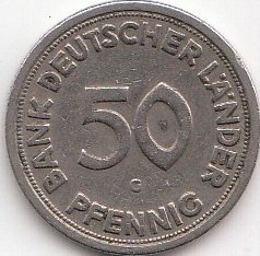 Coins of Germany BRD (BR.Deutschland) Jägernr: 379 1949 G sehr schön Kupfer-Nickel 1949 50 Pfennig Bank Deutscher Länder (Münzen für Sammler) von Coins of Germany