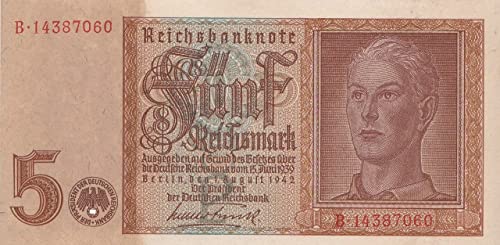 Coins of Germany Deutsches Reich Rosenbg: 179b, 8stellige Kontrollnummer bankfrisch (I) 1942 5 Reichsmark (Banknoten für Sammler) von Coins of Germany