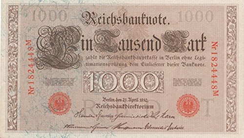 Coins of Germany Deutsches Reich Rosenbg: 45g rotes Siegel, 7stellige KN, Fasereinlagen grün bankfrisch 1910 1.000 Mark (Banknoten für Sammler) von Coins of Germany