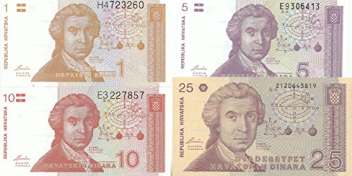 Coins of Germany Kroatien Set 1 Dinar bis 25 Dinara 4 Banknoten bankfrisch (I) 1991 (Banknoten für Sammler) von Coins of Germany