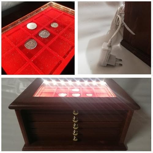 LED® Medal Holder aus echtem Holz, Mahogany Farbe, 5 beflockte Drawers Ihrer Wahl von Coins&More
