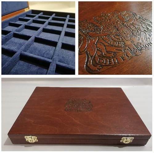 Münzbox aus massivem Holz und Samt, Königsblau, 24 Kästen, 47 x 47 mm, Bestie der Königin The Queen's Beasts von Coins&More