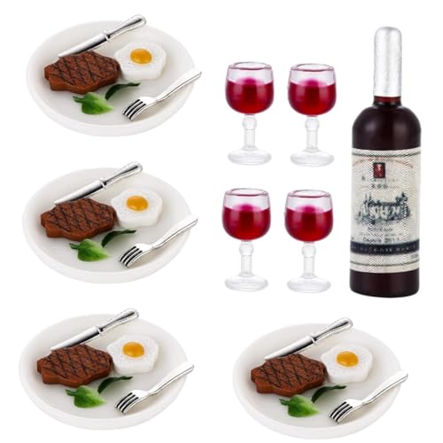 Colcolo 33x Miniatur-Essen-Getränke-Modell, Mini-Weinflaschen, Lebensszene, Steak, Eier, Gemüse, Weingläser für Esszimmer, Küche, Dekoration von Colcolo