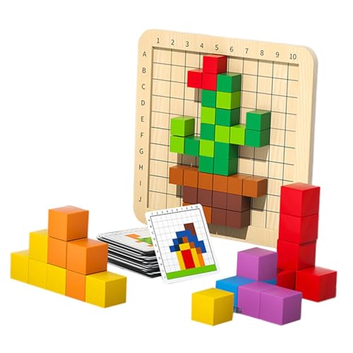 Colcolo Bunte Würfel Holzbausteine Vorschulaktivitäten Puzzlespielzeug Sortier-Stapelspielzeug Montessori-Spielzeug für Kinder, mit 24 Karten von Colcolo