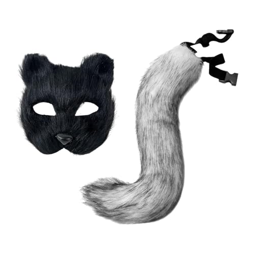 Colcolo Faux Cat Tail Requisiten Set Realistische Halloween-Party für Messen, Grauschwarz Colcolo Faux Cat Tail Requisiten Set Realistische Halloween-Party für Messen, Grauschwarz von Colcolo