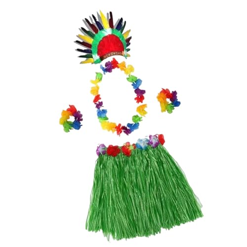 Colcolo Grasrock -Outfit Kostüm Kleid Blumen Armbänder Halskette für Strandfeier, Grüner 80 cm Rock von Colcolo