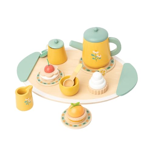 Colcolo Teeparty-Set aus Holz, Miniatur-Teeservice, Mini-Teekanne, Teller, Kuchenspielzeug für Kinder im Alter von 3 4 5 6 Jahren von Colcolo
