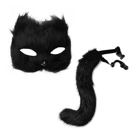 Colcolo Tiermaske und Schwanz-Set, Party-Dekoration, niedliche Gesichtsbedeckung für Halloween-Party-Kostüm, Schwarz von Colcolo