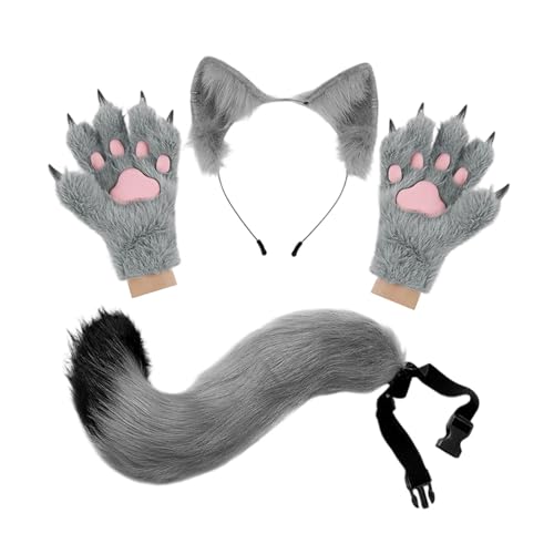 Colcolo Tierohr-Stirnband, Schwanz-Handschuhe, schönes Party-Requisiten, süße Handschuhe für Karneval, Grau von Colcolo