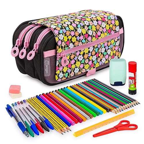 ColePack Design - Set aus Dreifach-Schulmappe mit 3 Reißverschlüssen und Schulbedarf der Top-Marken Enthalten (Flowers2) von ColePack