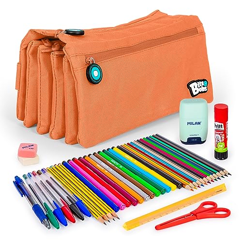 ColePack - Set aus Vierfach-Schulmappe mit 4 Reißverschlüssen und Schulbedarf der Top-Marken Enthalten (Koralle) von ColePack